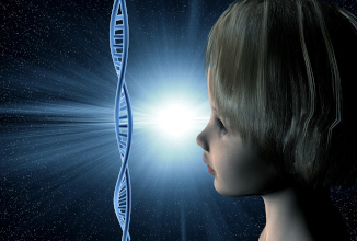 ai generated image of a strand of DNA with a woman looking on